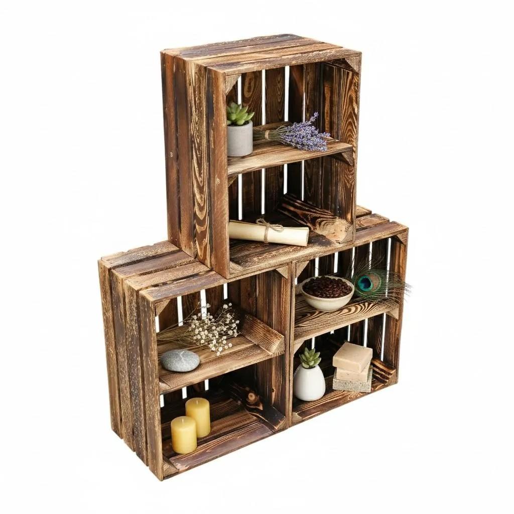 Holzkiste geflammt 50x40x30cm mit Zwischenboden - Regal-Box Obstkiste Deko