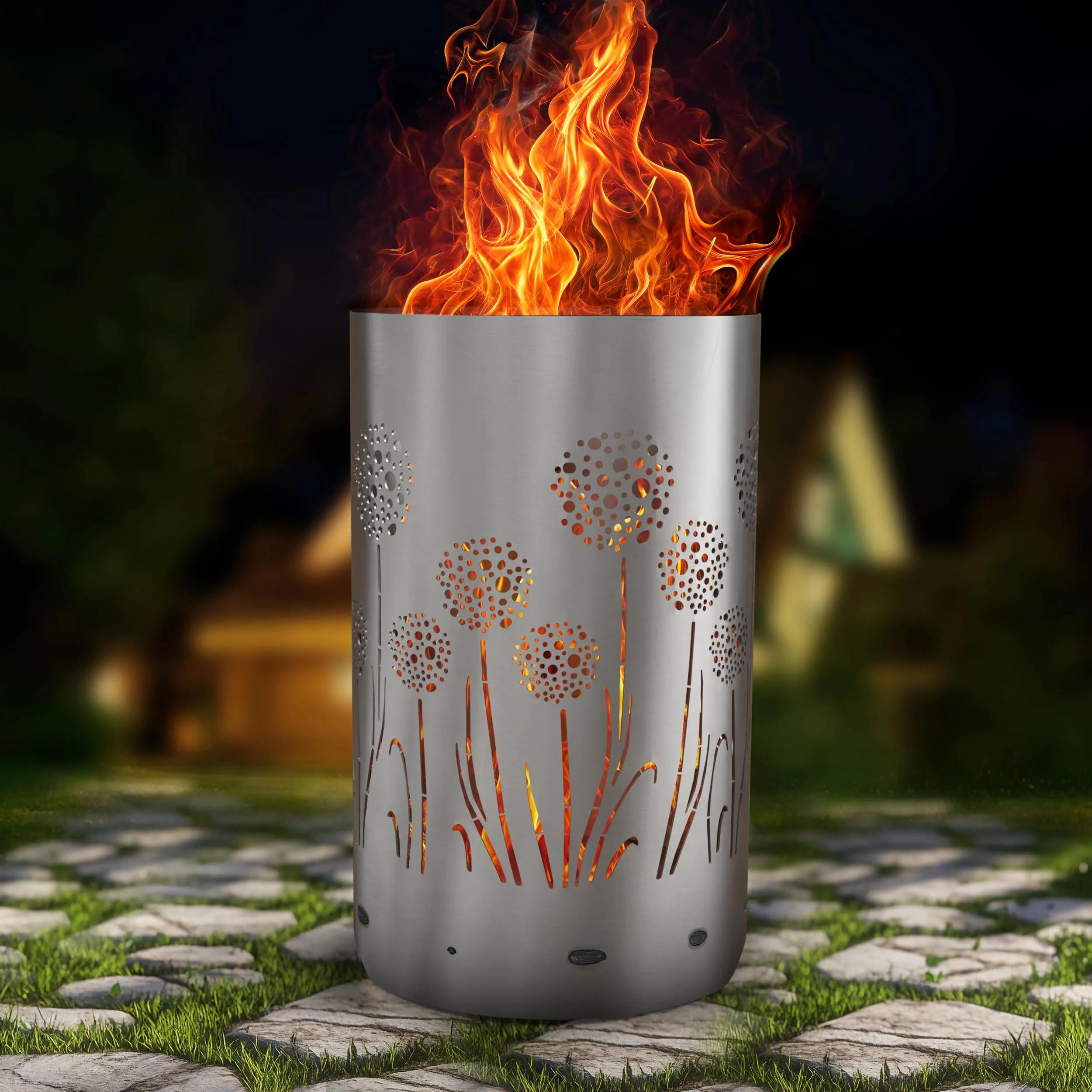Feuertonne Feuerkorb mit Motiv – Lagerfeuertonne mit Pusteblumen Motiv – Perfekt für gemütliche Gartenabende und stimmungsvolle Lagerfeuer