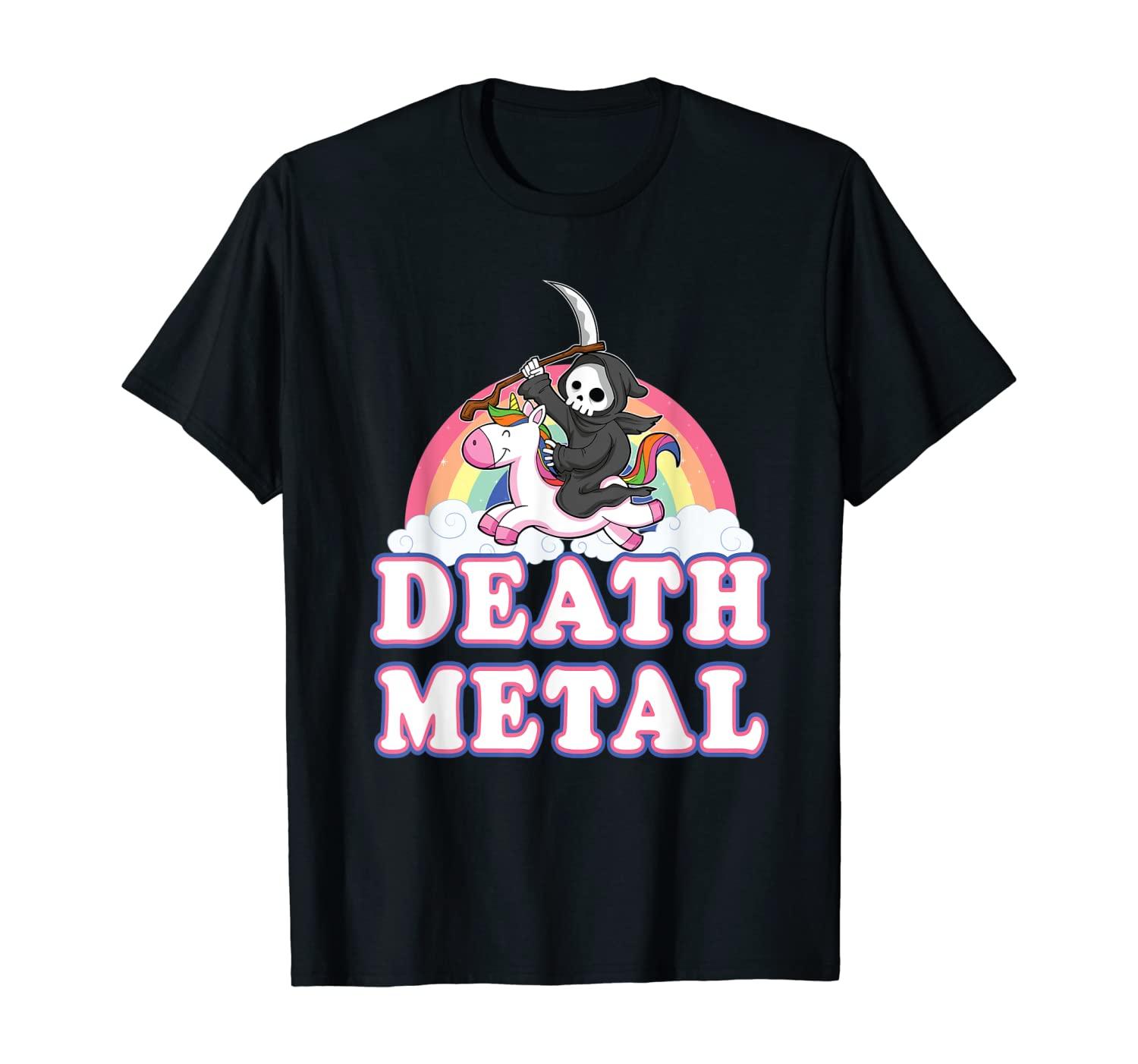 Death Metal Rock Musik Halloween Grim Reaper reitet Einhorn Sensenmann T-Shirt