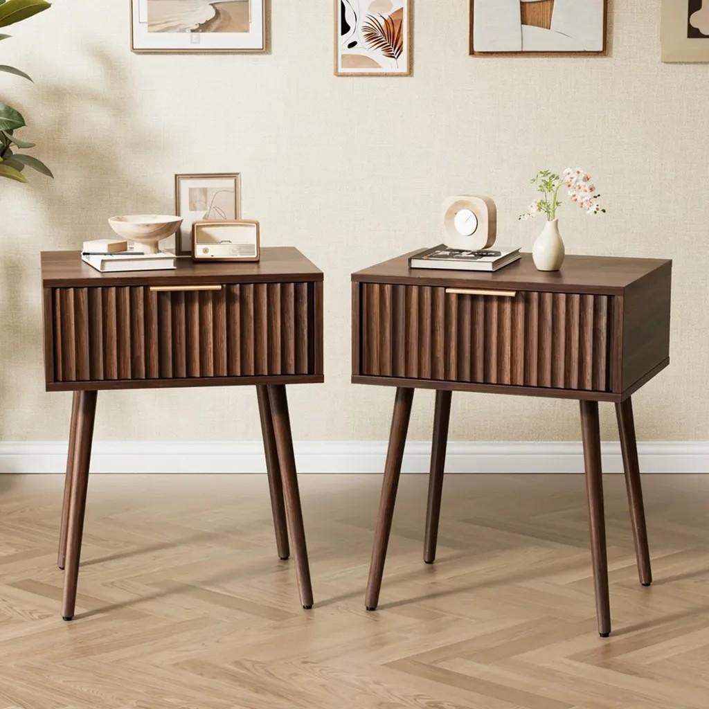 FCH Nachttisch 2er Set mit Schublade, Gekerbter, Beistelltisch für Schlafzimmer