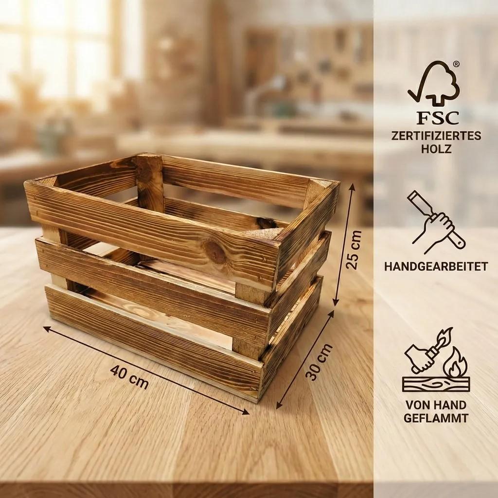 Holzkiste geflammt 40x30x25cm - Obstkiste Regal-Box mit & ohne Zwischenboden