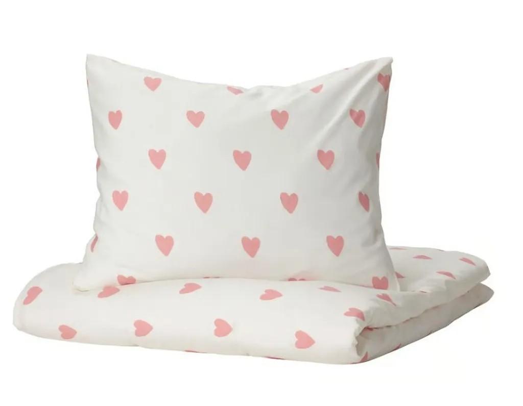 Bettwäsche-Set, 2-teilig, Herzmuster weiß/rosa, 140x200/80x80 cm