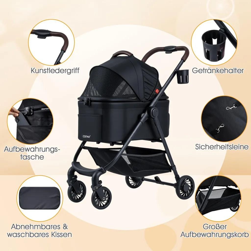 COSTWAY 3 in 1 Hundewagen, Hundebuggy mit verstellbarem Netzdach