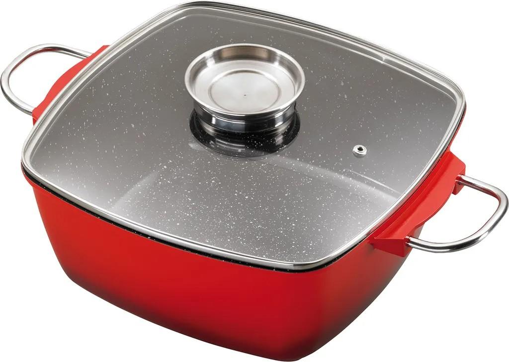 28x28cm KING® Bräter Aluguss 7L / mit Glasdeckel und Aromaknopf / Farbe: rot